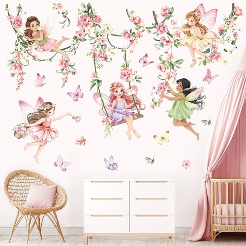 KALANKA-Stickers Muraux Fleur Fée Rose Fille Autocollant Mural Elfes Floral Aquarelle Rose Pendaison Vigne Décoration Murale Bébé Fille Chambre Enfants Pépinière
