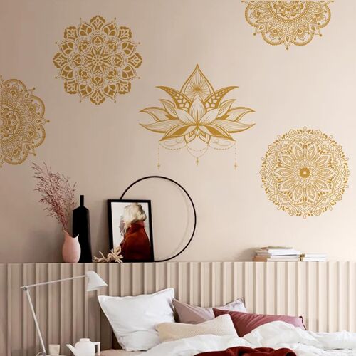 KALANKA-Stickers Muraux Fleur Mandala Doré Autocollant Mural Lotus Zen Deco Stickers Salle de Bain Salon Cuisine Chambre Décoration