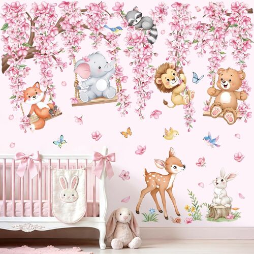 KALANKA-Stickers Muraux Fleurs de Cerisier Branche Arbre Autocollants Muraux Mural Stickers Animaux de la Jungle Éléphant Ours pour Chambre Enfants Bébé Pépinière