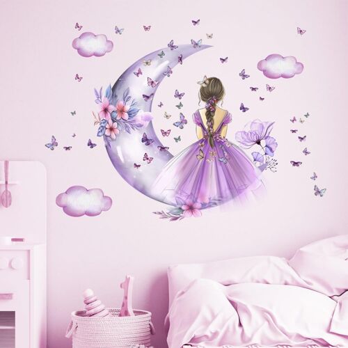 KALANKA-Papillon fille autocollant mural, nuages de lune fleur fée autocollant mural, peinture murale florale papillons art mural pour filles bébé chambre chambre à coucher salle de jeux-Violet