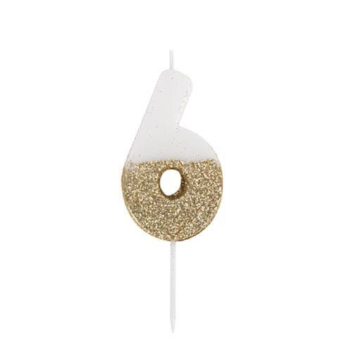 BOUGIE CHIFFRE 6 CIRE 7.5CM BLANC PAILLETÉ OR