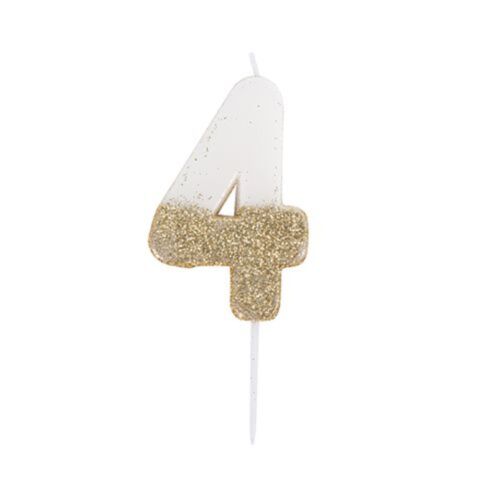 BOUGIE CHIFFRE 4 CIRE 7.5CM BLANC PAILLETÉ OR