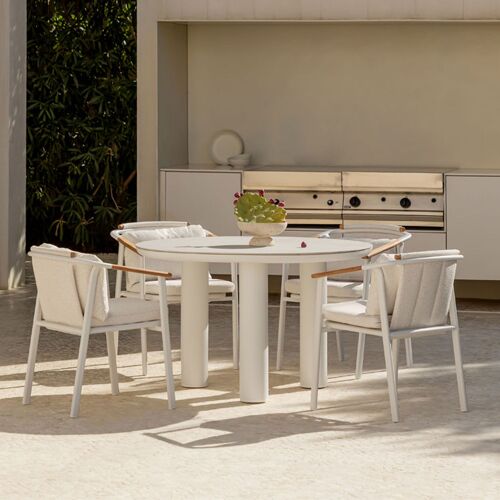 Ensemble Table Ronde Arken, Ø120 Cm, En Céramique Et Aluminium, Et 4 Chaises De Jardin Yervin Avec Accoudoirs, En Aluminium Et T