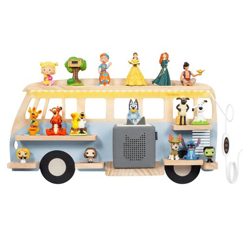 Todeco Étagère Tonie Box Murale avec Lumière LED, Étagère Magnétique en Bois pour 20¿25 Figurines Tonie, Bus Bleu