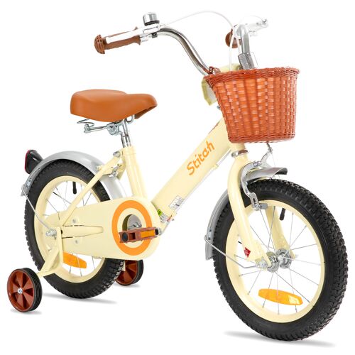 Stitch Vélo Enfant Rétro 14 Pouces Pour Filles De 3 À 5 Ans, Bicyclette Avec Panier Avant Et Roulettes Stabilisatrices, Beige