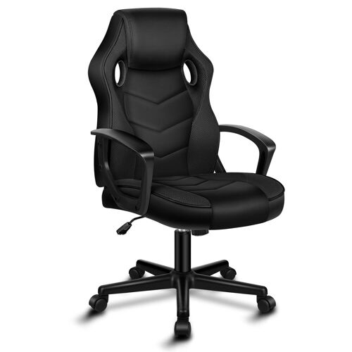 ALFORDSON Chaise de jeu, chaise de course pour ordinateur à dossier moyen, chaise de bureau ergonomique pivotante en cuir PU et tissu pour femmes, hommes et adolescents, Noir