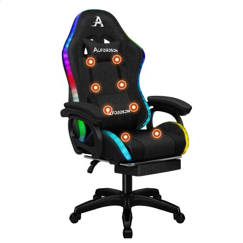 ALFORDSON LED Chaise Gaming, Siege Gaming avec Massage 8 Points, Fauteuil de Gaming Pivotant Ergonomique avec Éclairage RVB avec Support Lombaire et Appui-Tête, Hauteur Réglable, Matériau en Tissu, Noir