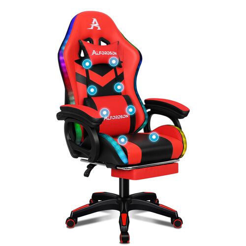 ALFORDSON LED Chaise Gaming, Siege Gaming avec Massage 8 Points, Fauteuil de Gaming Pivotant Ergonomique avec Éclairage RVB avec Support Lombaire et Appui-Tête, Hauteur Réglable, Rouge