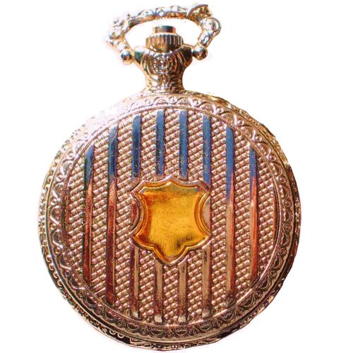 Montre À Gousset Écusson Blason Coloris Argenté Et Doré Brillant Rétro Vintage Chaîne Couleur Argenté 30 Cm Façe Arrière Façon Ciselure
