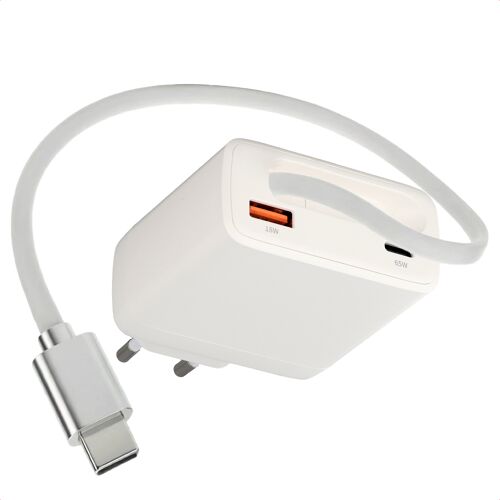 imoshion Chargeur GaN avec câble USB-C rétractable 65W USB-A + USB-C Blanc
