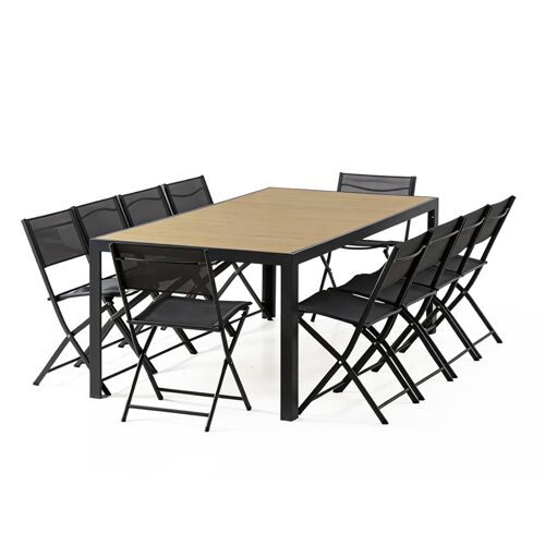 Lagos - Ensemble Table De Jardin 200 Cm En Aluminium Et 10 Chaises Pliantes