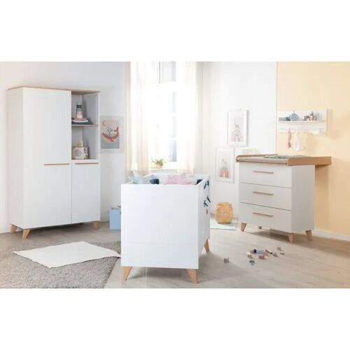 Chambre Bébé Complète Roba - Leon - Lit 60x120 Transformable + Commode À Langer Évolutive + Armoire 3 Portes - Blanc - Chêne
