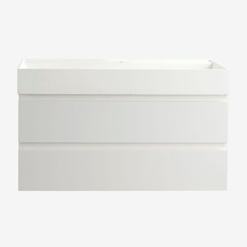 Ensemble de meuble de salle de bain suspendu en bois et placage de frêne avec lavabo intégré Ona