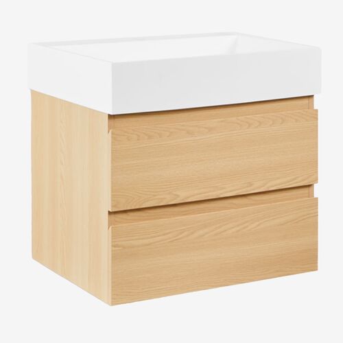 Ensemble de meuble de salle de bain suspendu en bois et placage de frêne avec lavabo intégré Ona
