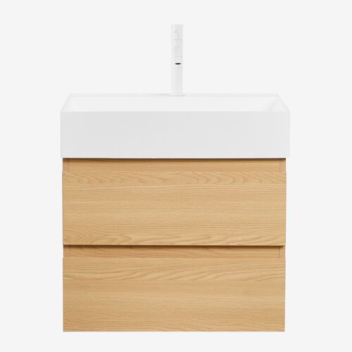 Ensemble de meuble de salle de bain suspendu en bois et placage de frêne avec lavabo intégré Ona