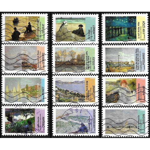 France 2013, Belle Série Complète "L'impressionnisme Et L'eau", 12 Timbres Yvert 825 À 836, Sisley, Pissaro, Cézanne, Manet, Monet, Renoir..., Oblitérés, Tbe