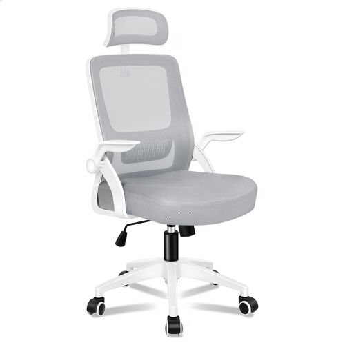 ALFORDSON Chaise de Bureau avec Support Lombaire Pour Bureau à Domicile, Chaises D'ordinateur en Maille avec Appui-Tête, Accoudoir Rabattable, Chaise de Bureau Pivotante Inclinable, Blanc et Gris
