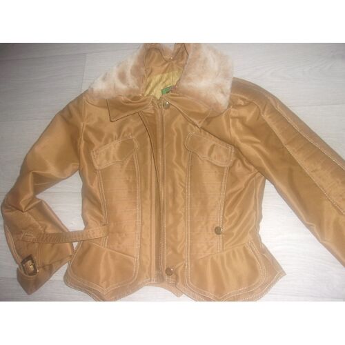 Blouson Kristina Popovitch Ocre Doré Col Fourrure Chic 38