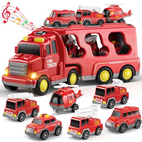 Jouets de camions de pompiers pour garçons, jouets pour tout-petits de 3 à 5 ans - Jouets de camions de pompiers pour enfants 3 4 5 6 7, ensemble de véhicules de transport, cadeaux d'anniversaire pour filles et garçons de 4 à 6 ans