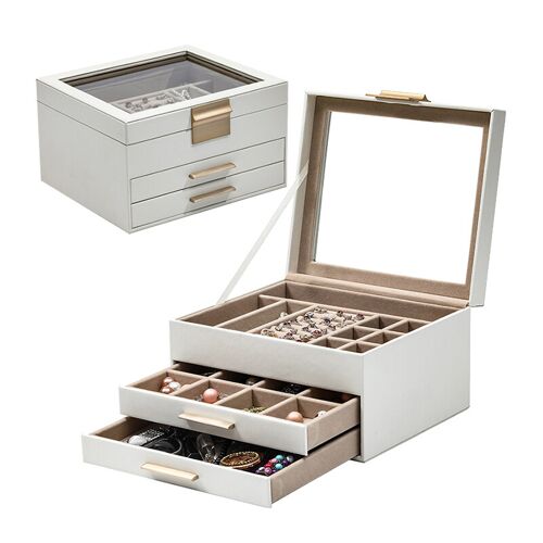 Boîte à Bijoux Multi-Niveaux JORDAN&JUDY - Coffret de Rangement pour Boucles d¿Oreilles, Bagues et Colliers à 3 Niveaux - Blanc