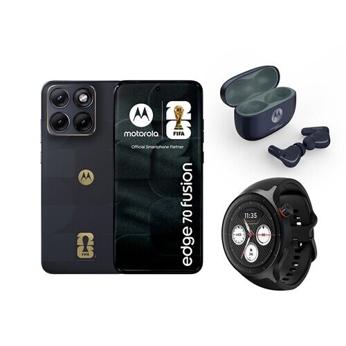 Smartphone Motorola Pack Edge 70 Fusion 6.78" 5G Double SIM 256 Go Fifa Edition Noir + Ecouteurs sans fil Motorola Moto Buds 2 Plus + Montre connectée Motorola Moto Watch Noir