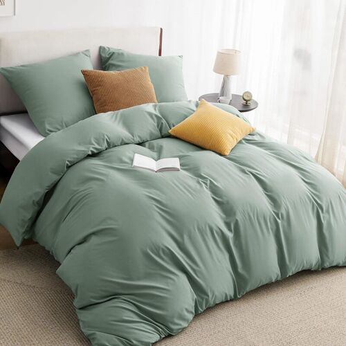 Parure De Lit 200x200 3 Pièces Sauge - 1 Housse De Couette 200x200 Cm + 2 Taies D'oreiller 80x80 Cm, Parure De Lit En 90% Polyester Microfibre Vert Avec Fermeture Éclair Oeko-Tex, 90% Polyester