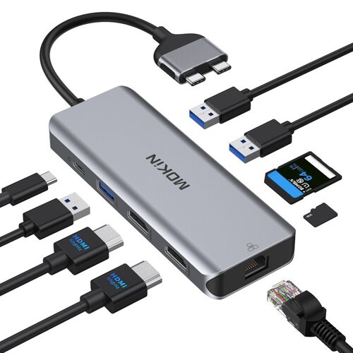 Mokin Adaptateur double USB C vers 2 x HDMI + 2 x USB3.0 + USB2.0 + RJ45 + SD/TF + PD