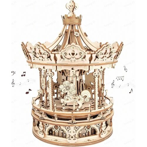 Robotime ROKR Carrousel romantique en bois 3D 17 x 17 x 23,5 cm, 1 pièce, décoration à la maison, décoration d¿étagère,Cadeaux artisanaux pour adultes et adolescents,Jouets éducatifs