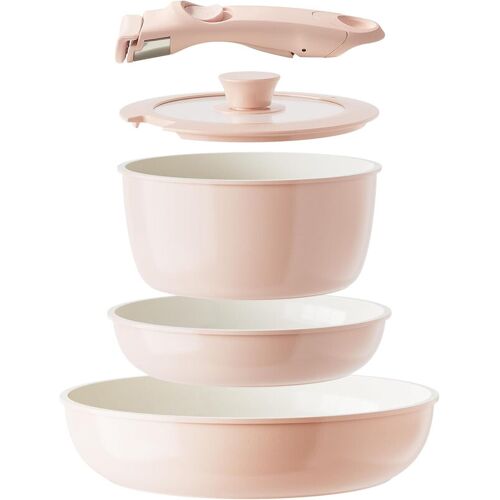 ¿20%Off¿Redchef Batterie De Cuisine En Céramique 5 Pièces, Avec Casserole 20 Cm Avec Couvercle Et Poêles 20/26 Cm, Poignée Amovible, Sans Ptfe/Pfoa/Pfas, Compatible Lave-Vaisselle, Couleur Extérieure Rose, Couleur Intérieure Blanche
