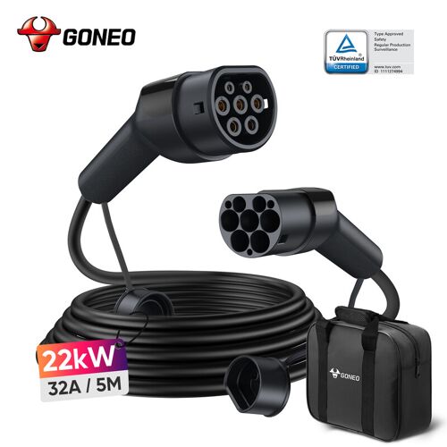 Câble De Recharge Type 2 Goneo 22kw 32a 5m Triphasé Certifié Tüv Soudure Ultrasons Connecteur Plaqué Argent Ip54 Étanche Ignifugé Pa66+Tpu Avec Étui