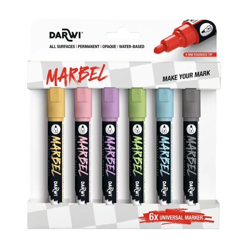 Clairefontaine Marbel Set De 6 Marqueurs Universel Pointe Ronde Médium 4mm Assortiment Pastel