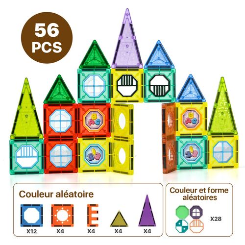 Tokky Jeu de construction créatif et coloré de 56 pièces de tuiles magnétiques Structure magnétique puissante Éveil éducatif STEAM Matériau sûr ABS Emballage de boîte de couleur J011