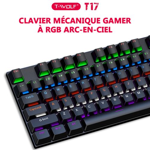 Rexsun T17 Clavier mécanique filaire 100 %, Disposition QWERTY US, 104 touches, Rétroéclairage RGB, USB filaire, Anti-Ghosting, Design ergonomique, Compatible avec Windows et Mac, Noir, T17