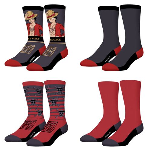 Freegun Lot De 4 Paires De Chaussettes Pour Enfants One Piece Luffy Et Jolly Roger Noir/Rouge/Gris/Beige - Pointure 31/34