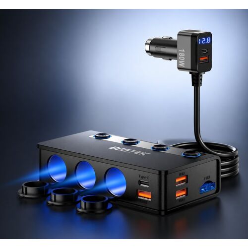 Bestek Distributeur De Prise Cigarette 9 En 1 180w, Chargeur Voiture Avec 65w Pd & 4 Ports Qc3.0, Adaptateur Prise Cigarette Usb-C Avec Lampe Led Pour Iphone, Dash Cam, Ipad & Gps