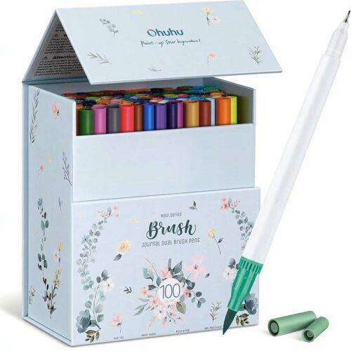 Ohuhu Maui Stylos Pinceaux Double Pointe - Ensemble De Marqueurs D'art 100 Couleurs Avec Fineliner, Étui De Rangement Blanc