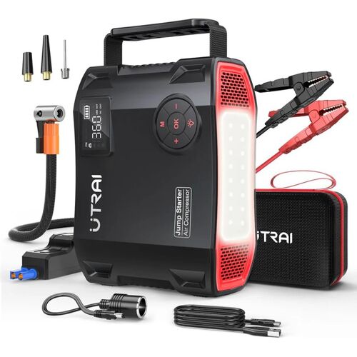 Utrai Js5 6000a Booster De Démarrage Pour Voiture Avec Compresseur D'air (150psi), Booster 12v Pour Tous Les Véhicules Essence Et Diesel Jusqu'à 10l, Sortie Dc 160w/1600lm, Chargeur Rapide 18w, Pompe À Pneus, 27000mah, Batterie Externe Portable