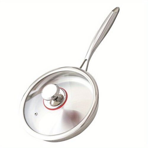 Pure Cook Série De Poêles En Acier Inoxydable 304 À Triple Couche ¿ 1 Pièce, 28 Cm, Poêle En Acier Inoxydable 304 À Triple Couche (Avec Couvercle En Verre, Bord À Col De Cygne)