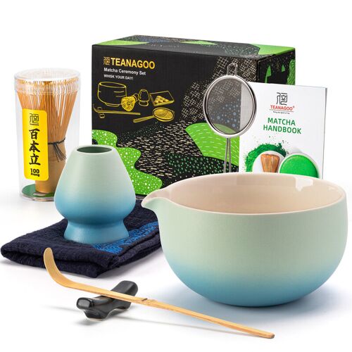 TEANAGOO Kit matcha cérémonie avec fouet et bol, 7 pièces - Bleu dégradé