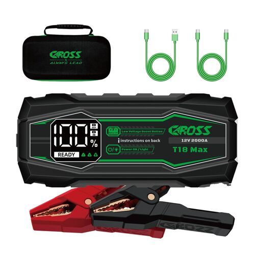 Caross Booster De Démarrage Portable 12 V Et 2 000 A Avec Batterie Lithium-Ion 20 000 Mah, Technologie Anti-Étincelles Et Protection Contre L¿Inversion De Polarité, Fonction Boost, Écran Led 2,3 Pouces, Charge Rapide 18 W Et Housse De Protection - Noir