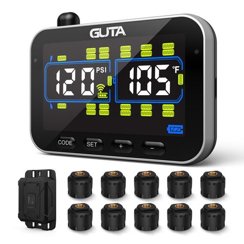 Système De Surveillance De La Pression Des Pneus Pour Vr/Remorque Guta Avec 10 Capteurs, Surveillance En Temps Réel 0-188 Psi, 6 Alarmes, Écran Couleur Lcd, Répéteur, Communication Longue Distance, Prend En Charge Jusqu¿À 24 Pneus, Gt20c+10gs02+Gb30