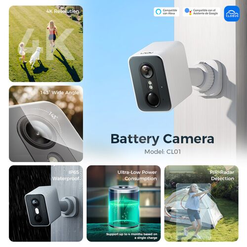 LNDU Caméras de surveillance 4K extérieures sans fil, vision nocturne en couleur et en infrarouge, stockage local gratuit 128 Go, Wi-Fi 2,4 GHz, FOV 143°, détection double PIR + radar, Alexa et Google Assistant