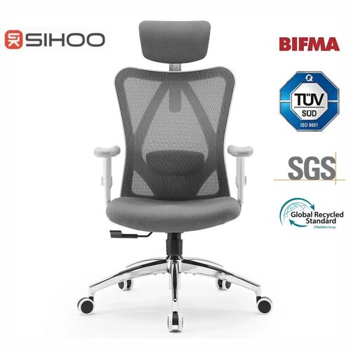 SIHOO M18 Chaise de bureau ergonomique pivotante à dossier haut avec appui-tête réglable et support lombaire - Gris