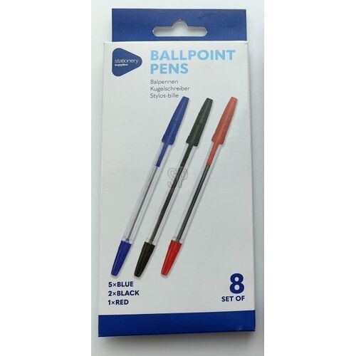 Lot De 8 Stylos À Bille - Bleu, Noir Et Rouge