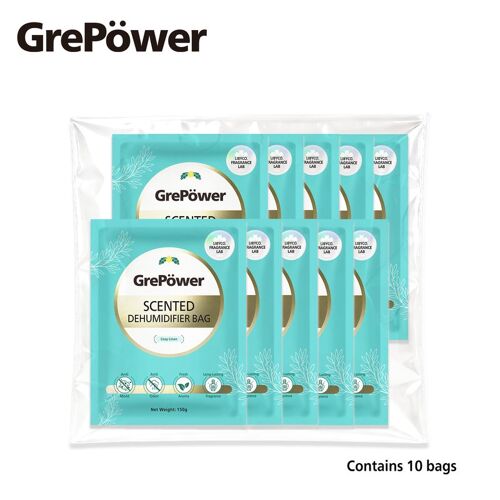 GrePower Sachets déshumidifiants au parfum de lin, lot de 10, anti-humidité et anti-condensation, absorption d'humidité ultra-forte, déshumidification rapide, pour placards, maison, cuisine, garage, chambre, camping-car, bureau, sous-sol, etc.