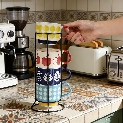Ceramicology Lot De 4 Mugs En Céramique 300 Ml, Motifs Amusants, Coloris Assortis (Pomme, Pois, Feuille, Rayure)
