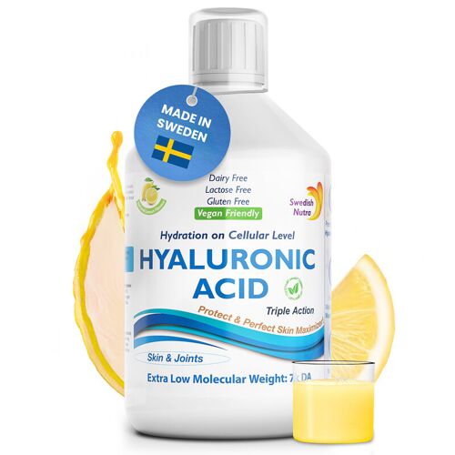 Swedish Nutra Acide Hyaluronique Liquide, 500 Ml, Avec Vitamine C Et Silice, Pour Soutenir L¿Hydratation De La Peau Et La Fonction Articulaire, Vegan, Sans Sucre, Sans Gluten 