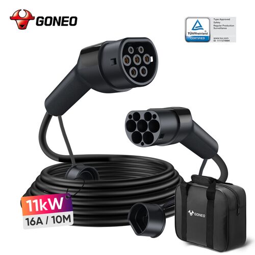 Goneo Câble De Charge Ev Type 2 11 Kw 16 A 10 M 3 Phases Certifié Tüv Avec Soudure Ultrasonique, Connecteur Plaqué Argent Ip54, Résistant À L'eau Pa66+Tpu, Résistant Au Feu Avec Pochette De Transport