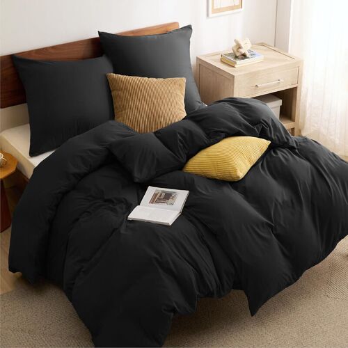 Parure De Lit 4 Pièces 135 X 200 Cm Noir - 2 Housses De Couette 135 X 200 Cm + 2 Taies D'oreiller 80 X 80 Cm, Ensemble De Literie Oeko-Tex Noir 90% Polyester Microfibre Avec Fermeture Éclair, 90% Polyester