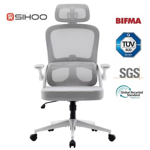 SIHOO M102C Chaise de bureau ergonomique en maille, haut dossier avec accoudoirs 3D, soutien lombaire réglable haut/bas, chaise de travail informatique pivotante, cadre blanc et maille gris clair